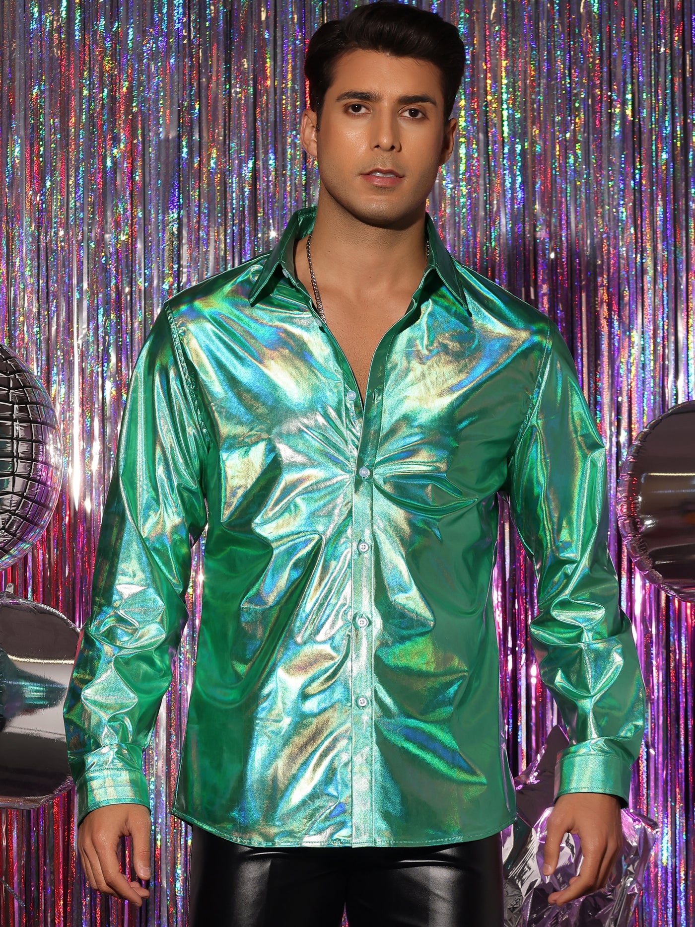 Bublédon Men's Holographic Shirts Long Sleeves Button Down Party Shiny Metallic Shirt