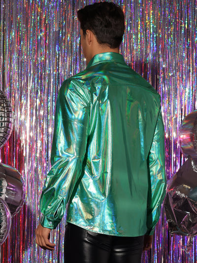 Men's Holographic Shirts Long Sleeves Button Down Party Shiny Metallic Shirt