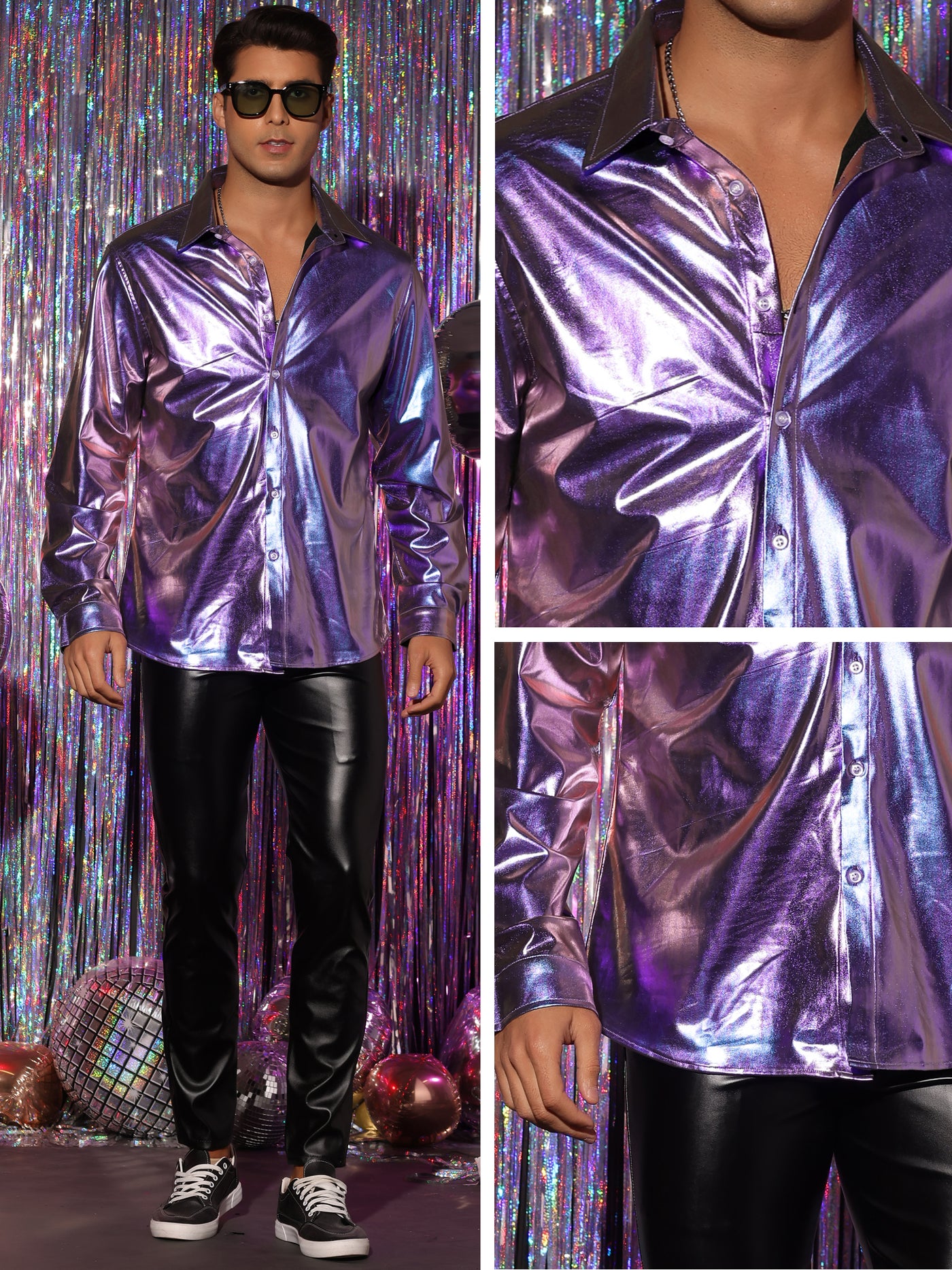 Bublédon Men's Holographic Shirts Long Sleeves Button Down Party Shiny Metallic Shirt
