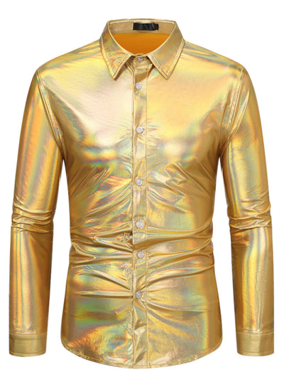 Metallic Shirts for Men's Long Sleeves Button Down Disco Party Holographic Shirt