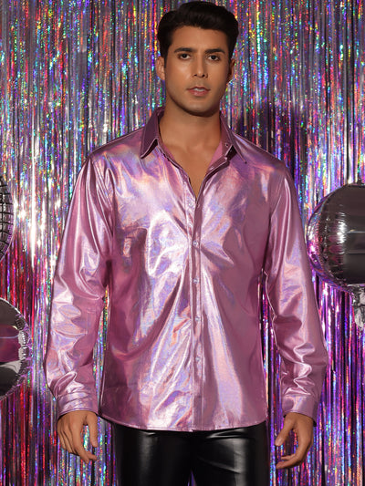 Bublédon Metallic Shirts for Men's Long Sleeves Button Down Disco Party Holographic Shirt
