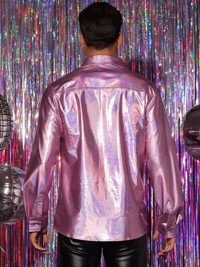 Metallic Shirts for Men's Long Sleeves Button Down Disco Party Holographic Shirt