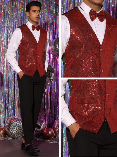 Sequins Vest for Men's V-Neck Slim Fit Shiny Disco Party Sleeveless Waistcoat Bowtie