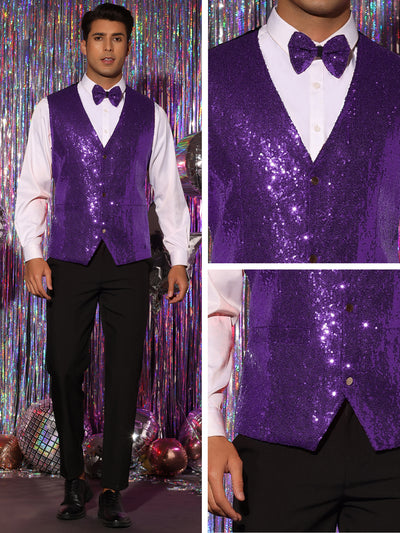 Sequins Vest for Men's V-Neck Slim Fit Shiny Disco Party Sleeveless Waistcoat Bowtie