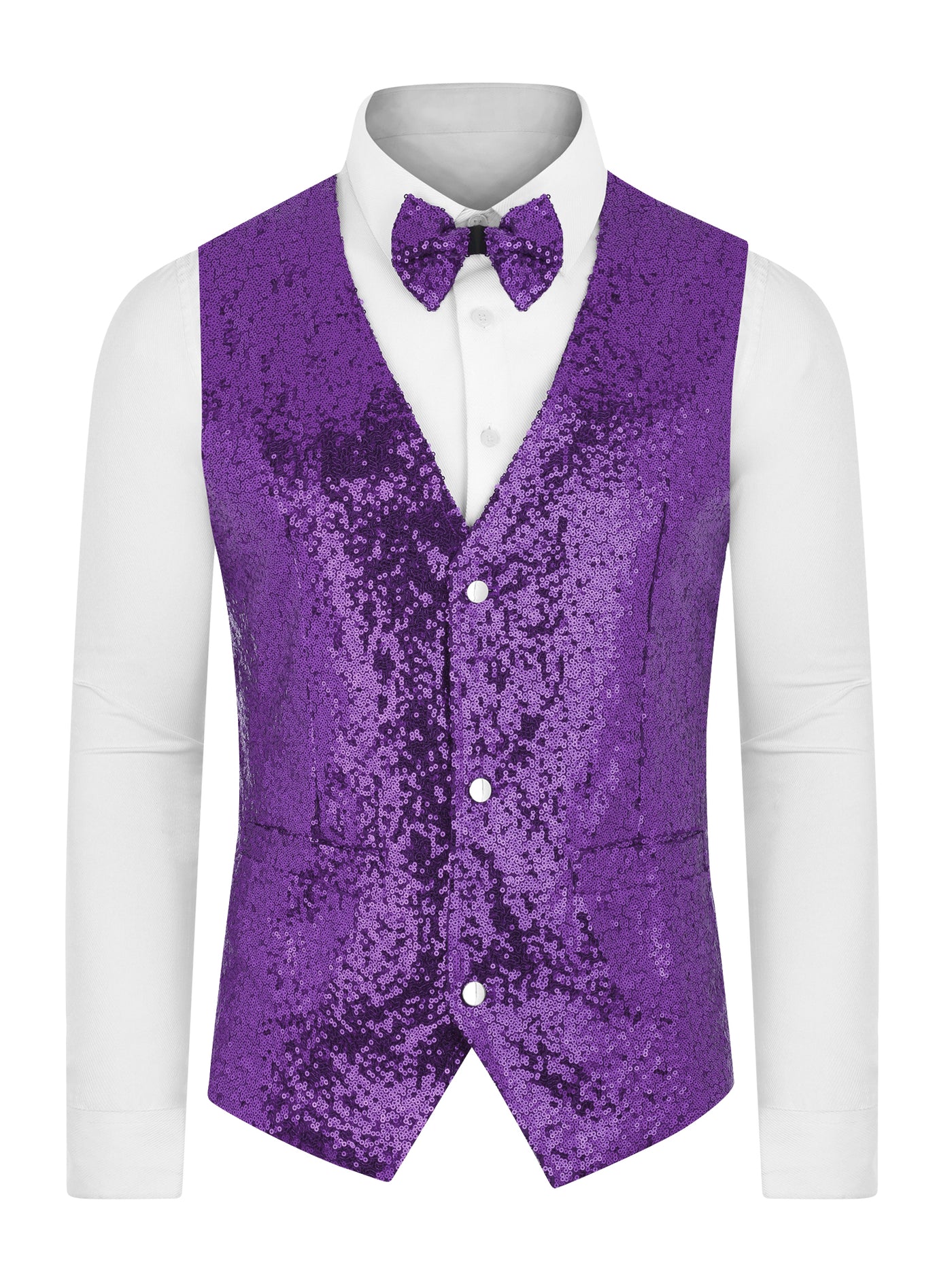 Bublédon Sequins Vest for Men's V-Neck Slim Fit Shiny Disco Party Sleeveless Waistcoat Bowtie
