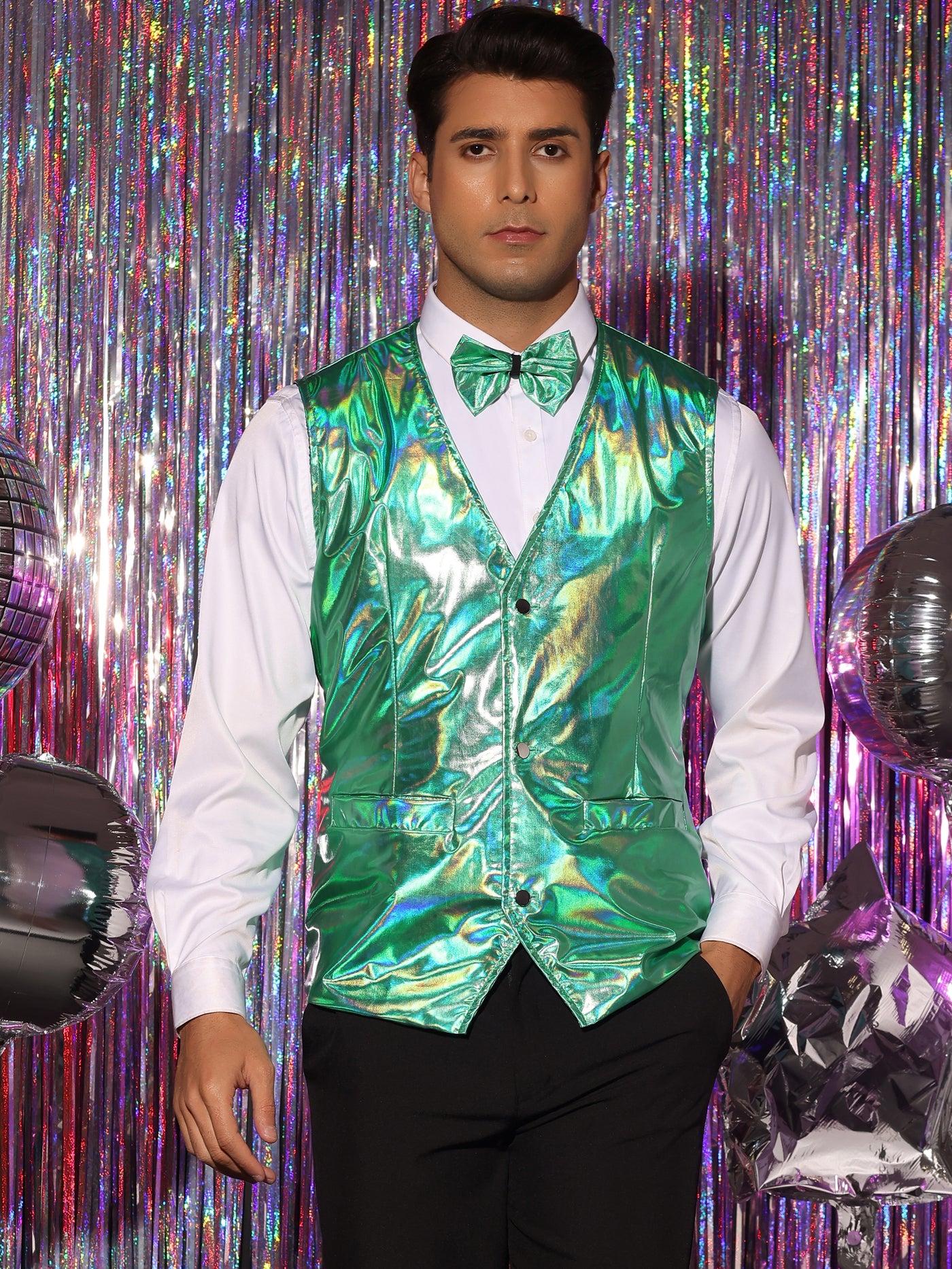 Bublédon Holographic Vest for Men's V-Neck Slim Fit Shiny Disco Party Sleeveless Waistcoat Bowtie
