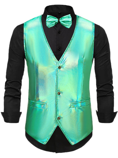 Holographic Vest for Men's V-Neck Slim Fit Shiny Disco Party Sleeveless Waistcoat Bowtie