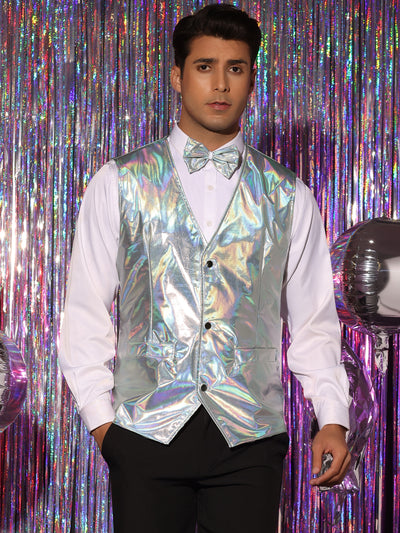 Holographic Vest for Men's V-Neck Slim Fit Shiny Disco Party Sleeveless Waistcoat Bowtie