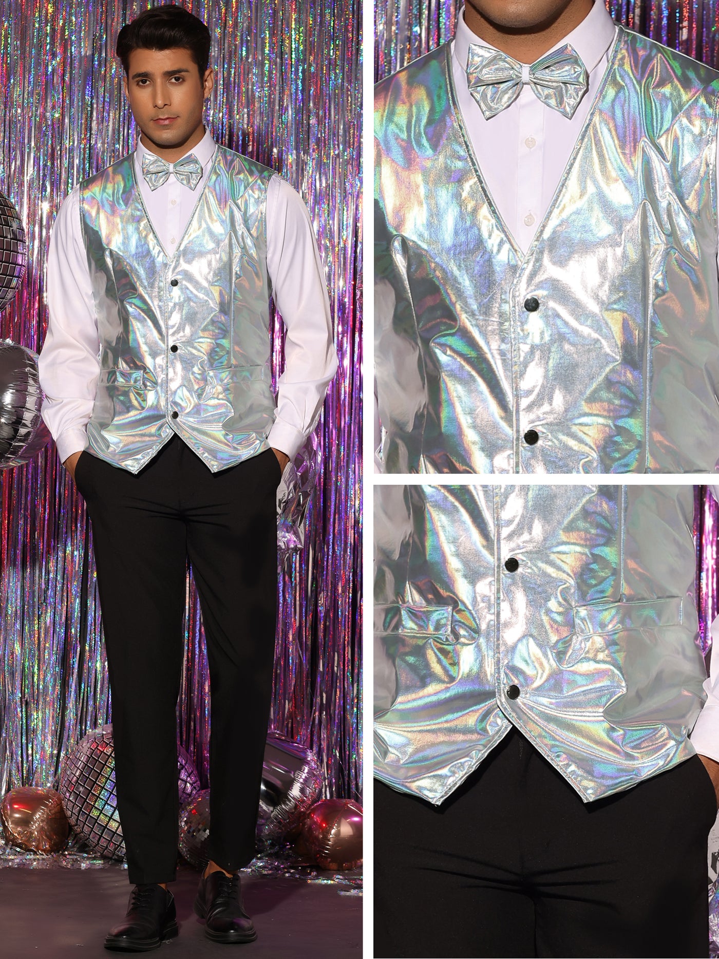 Bublédon Holographic Vest for Men's V-Neck Slim Fit Shiny Disco Party Sleeveless Waistcoat Bowtie