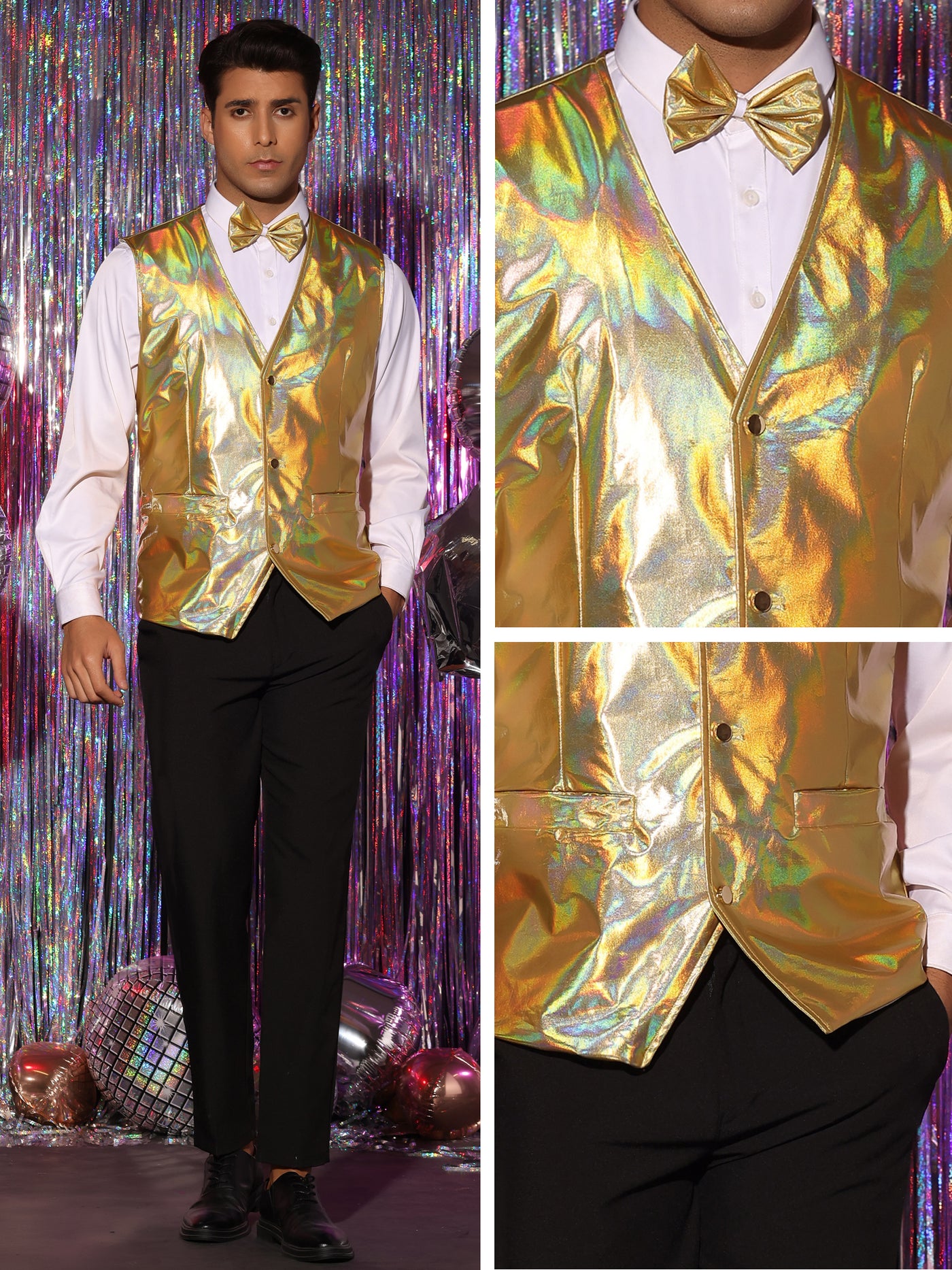 Bublédon Metallic Vest for Men's V-Neck Sleeveless Shiny Holographic Disco Party Waistcoat Bowtie