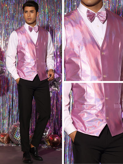 Metallic Vest for Men's V-Neck Sleeveless Shiny Holographic Disco Party Waistcoat Bowtie