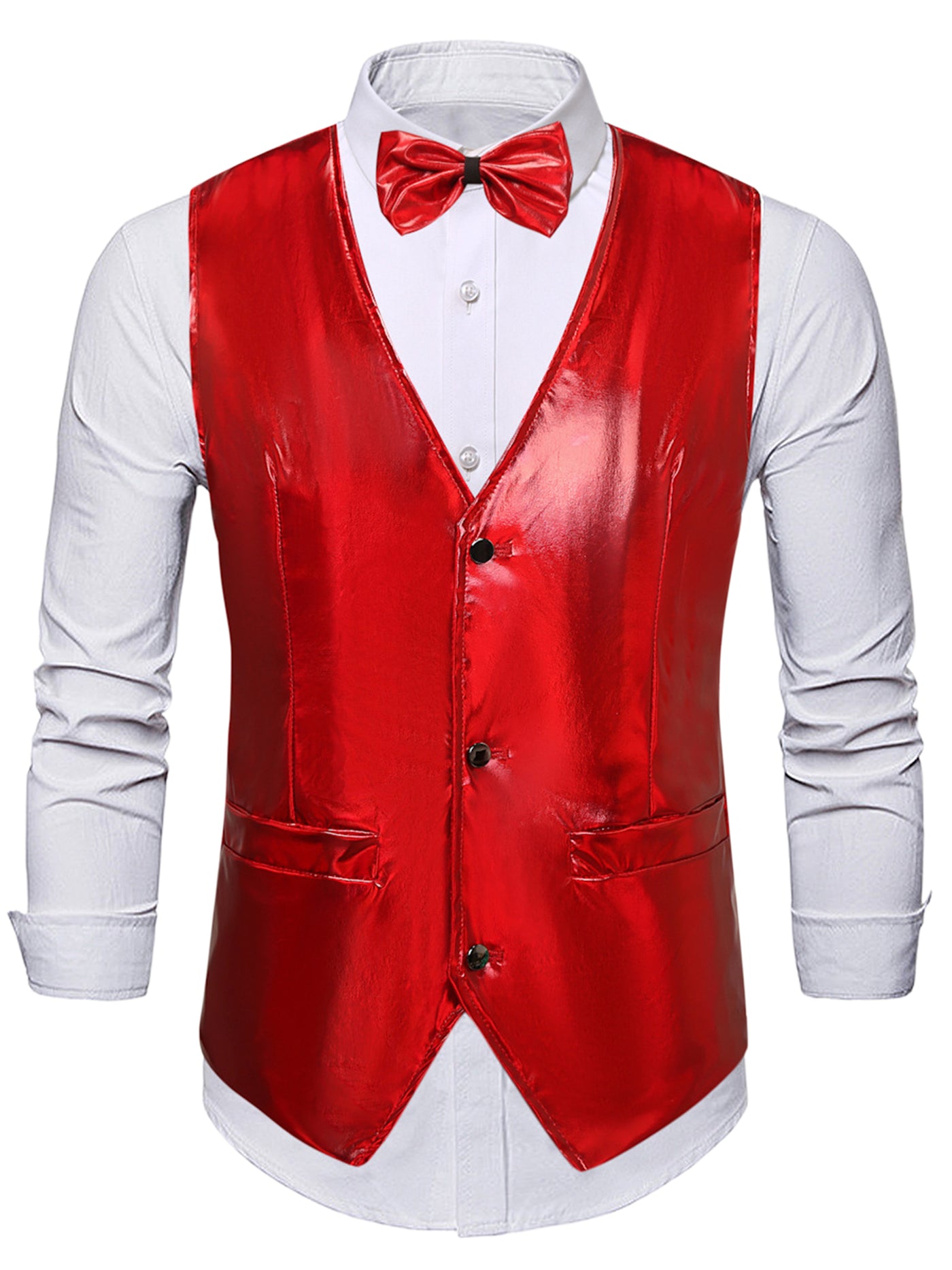 Bublédon Metallic Vest for Men's V-Neck Sleeveless Shiny Holographic Disco Party Waistcoat Bowtie