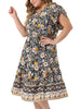 Plus Size Summer Dresses Boho for Women Casual V Neck Short Sleeve Floral Print Beach Midi Dress