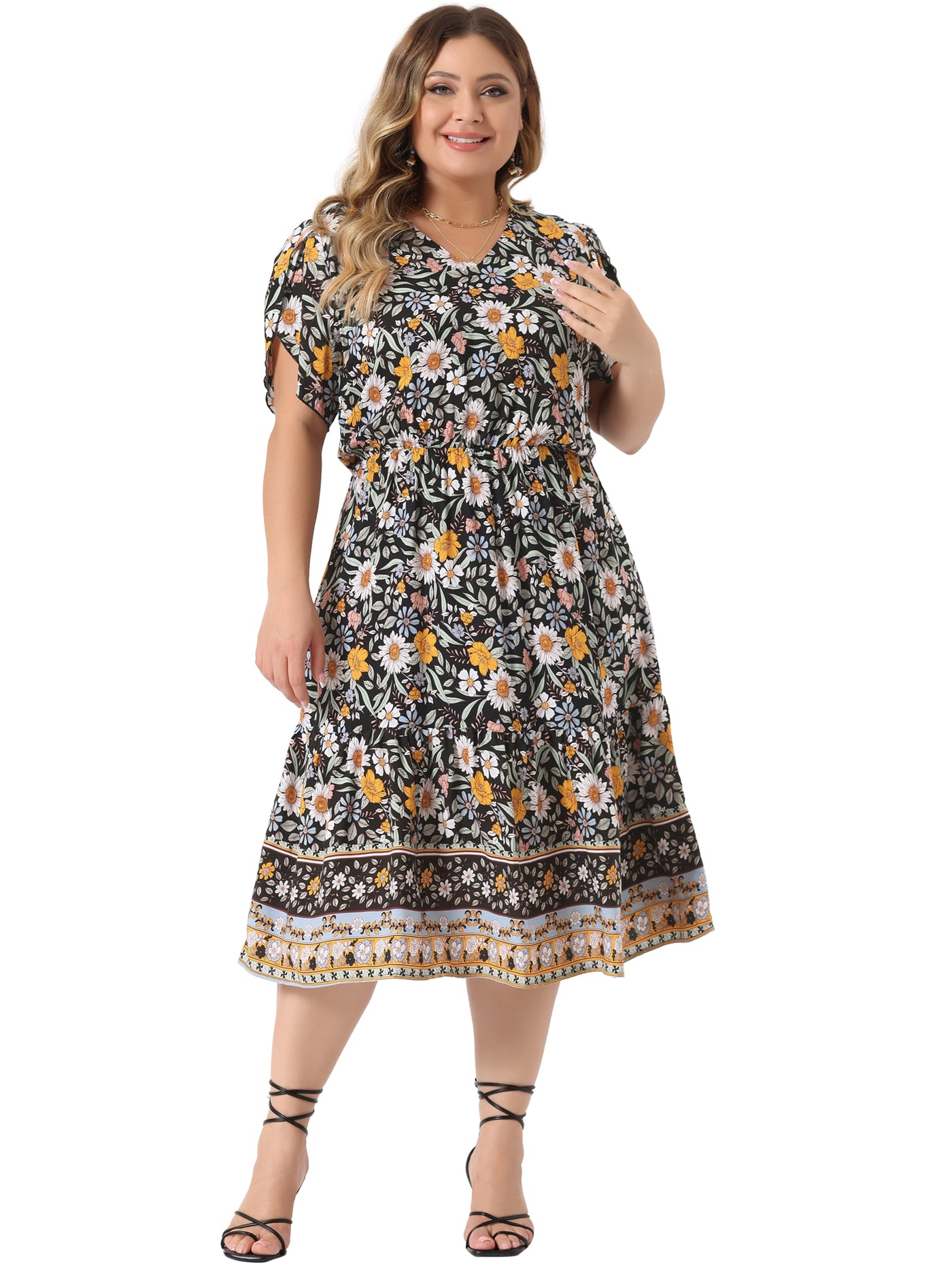Bublédon Plus Size Summer Dresses Boho for Women Casual V Neck Short Sleeve Floral Print Beach Midi Dress