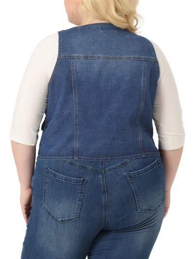 Plus Size Denim Jackets for Women Sleeveless Lightweight Button Jean Crop Waistcoat Vests