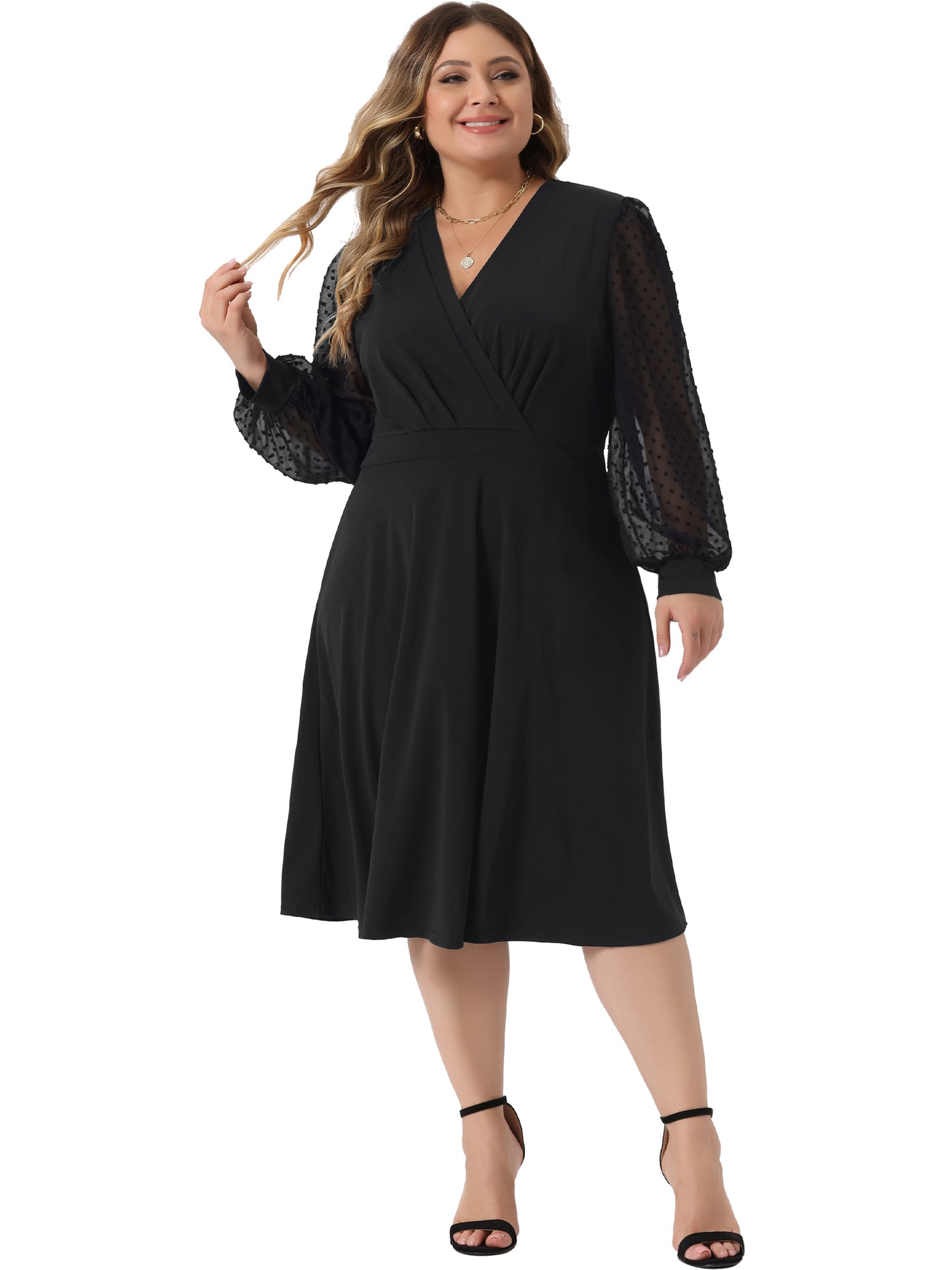 Bublédon Plus Size Dresses for Women Long Sleeve Swiss Dots Wrap V Neck Formal Knee Length Dress