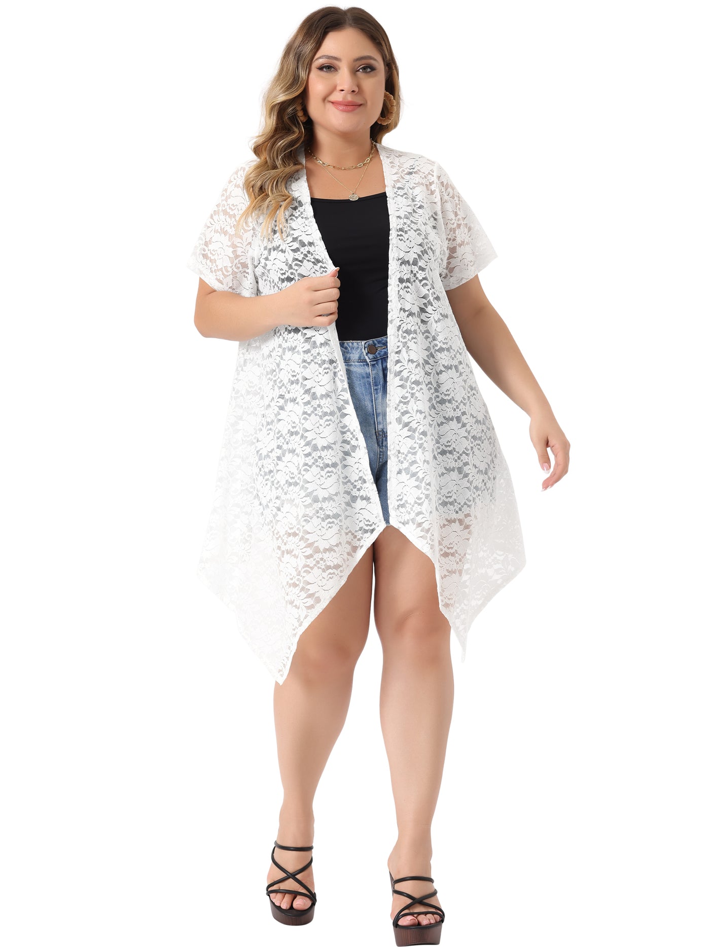 Bublédon Plus Size Cardigan for Women Lace Crochet Short Sleeves Sheer Cover Up