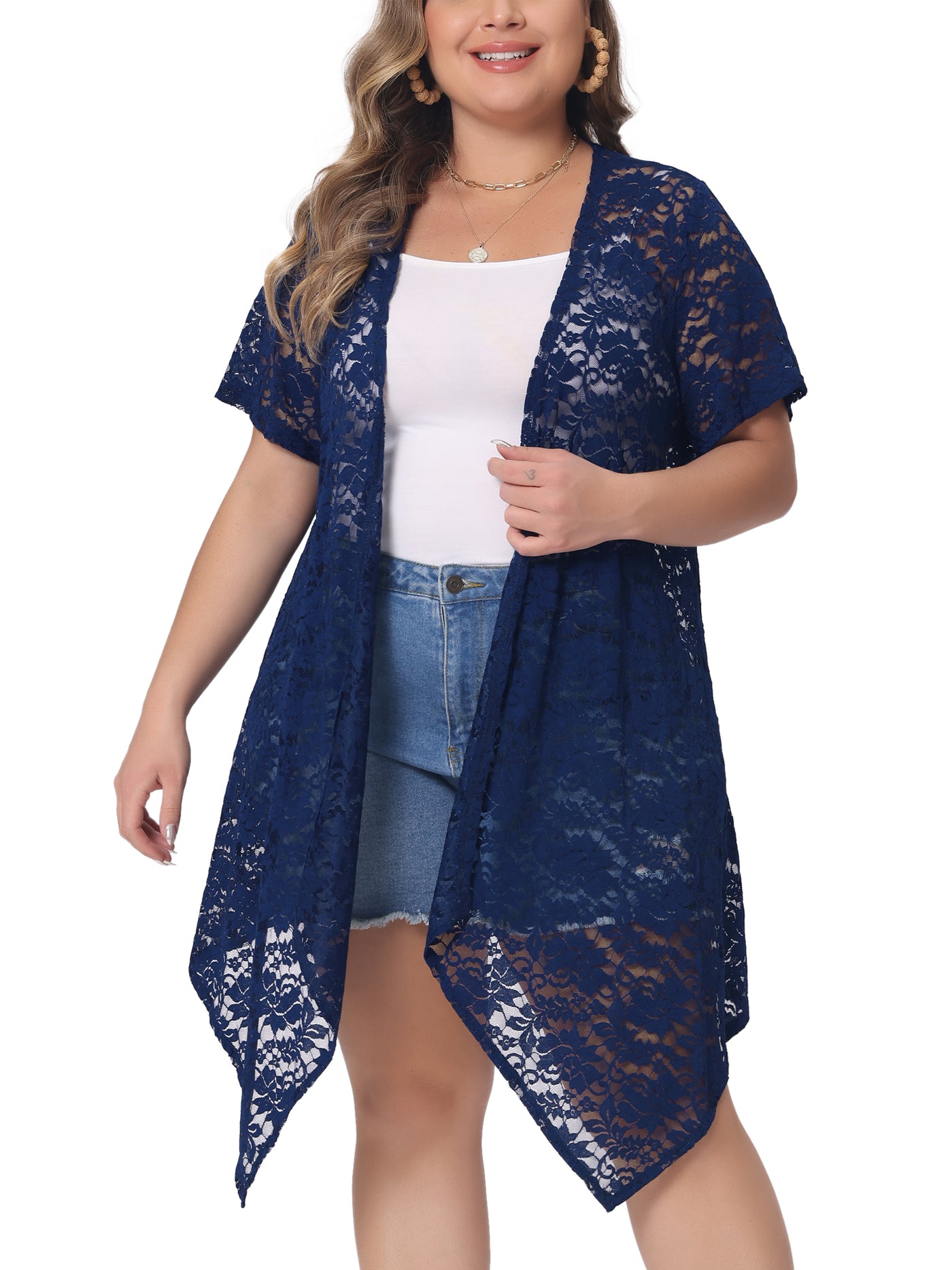 Bublédon Plus Size Cardigan for Women Lace Crochet Short Sleeves Sheer Cover Up