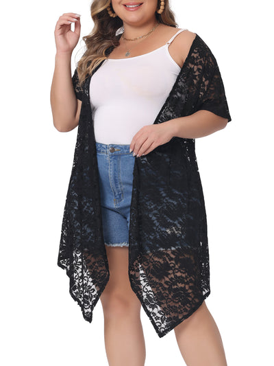 Plus Size Cardigan for Women Lace Crochet Short Sleeves Sheer Cover Up