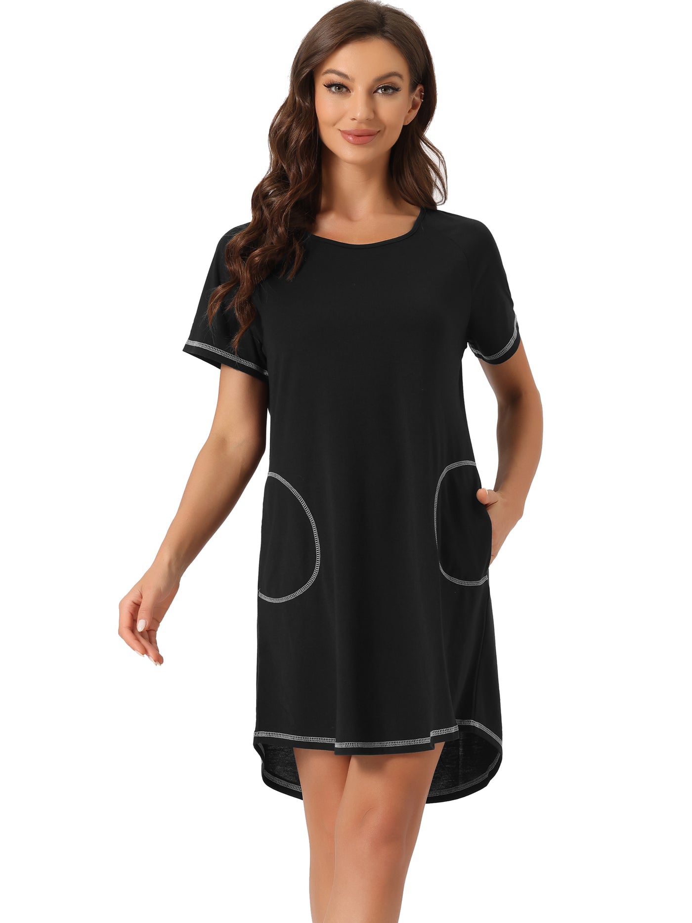 Bublédon Womens Pajama Dress with Pockets Round Neck Short Sleeves Lounge Nightgowns