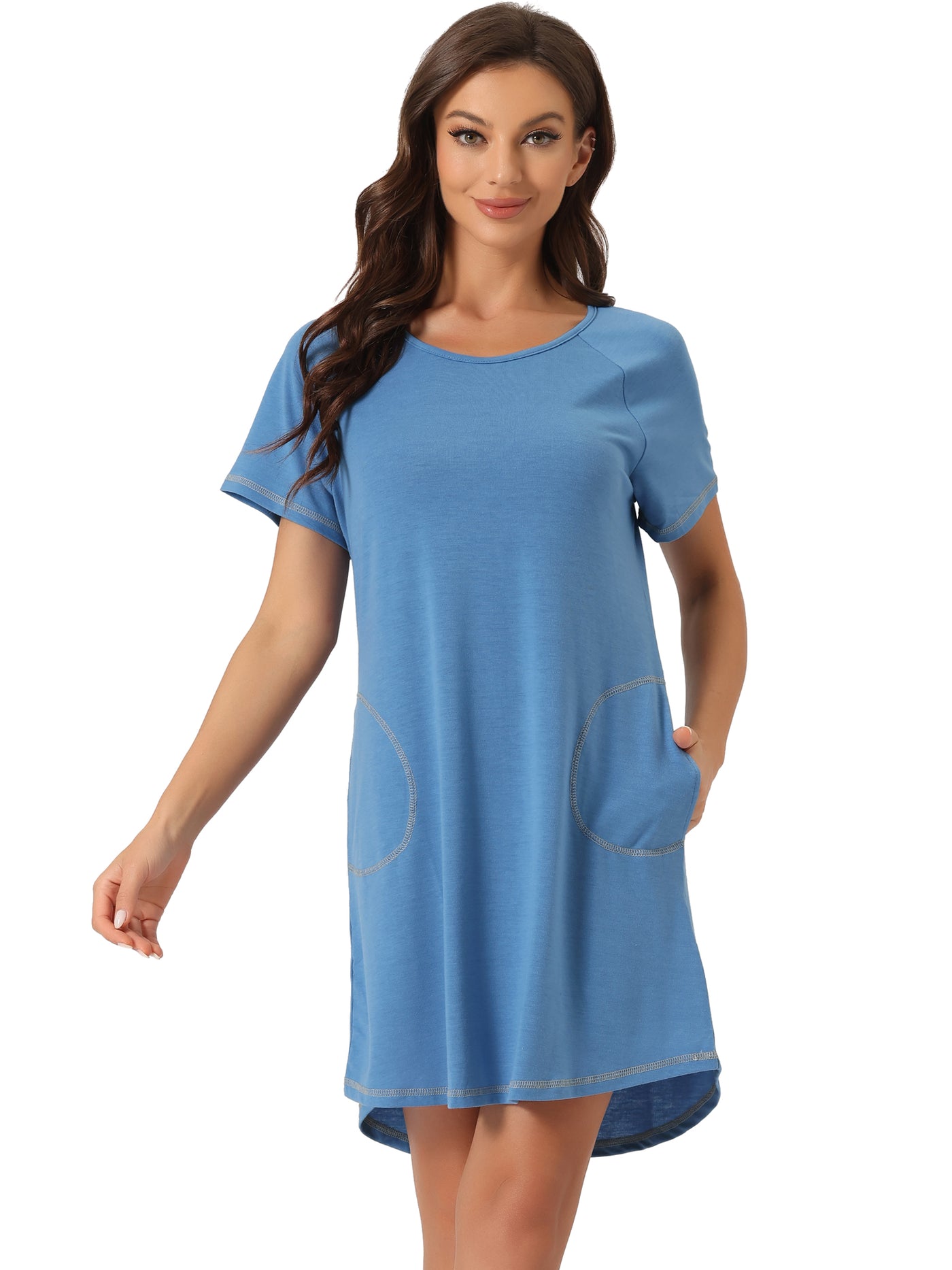 Bublédon Womens Pajama Dress with Pockets Round Neck Short Sleeves Lounge Nightgowns