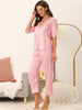 Womens Satin Pajama Set Half Sleeve Lace Trim with Long Pants 2 Piece Sleepwear Sets
