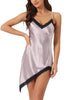 Women V Neck Satin Lingerie Lace Trim Spaghetti Strap Mini Nightgown