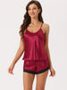 Womens Satin Pajamas Sleeveless Lace Trim Camisole Tops with Shorts Sliky Lounge Sets
