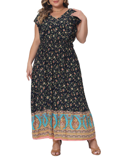 Plus Size Dress for Women Bohemian Floral V Neck Ruffle Sleeve Summer Beach Casual Boho Maxi Dresses