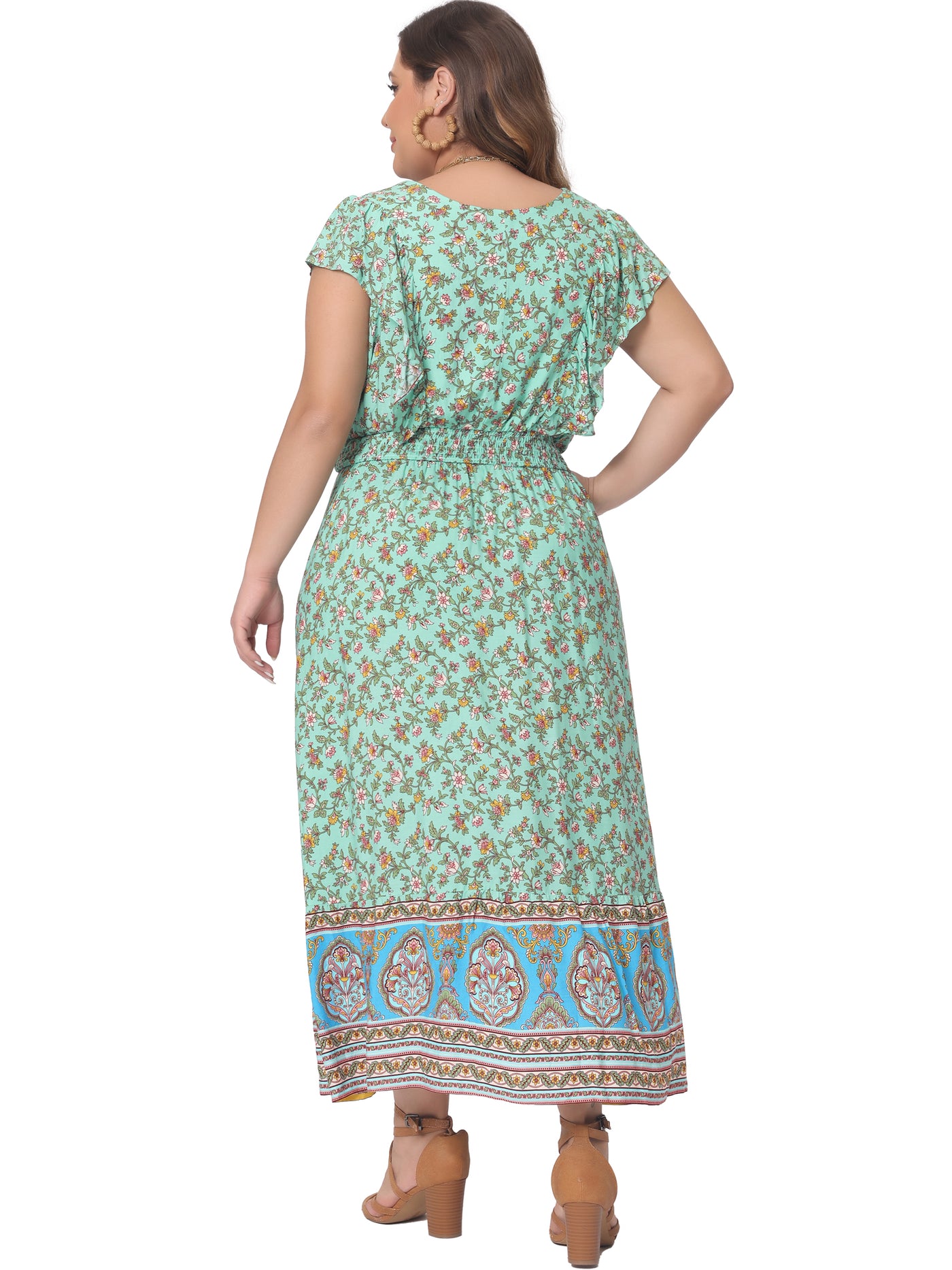 Bublédon Plus Size Dress for Women Bohemian Floral V Neck Ruffle Sleeve Summer Beach Casual Boho Maxi Dresses