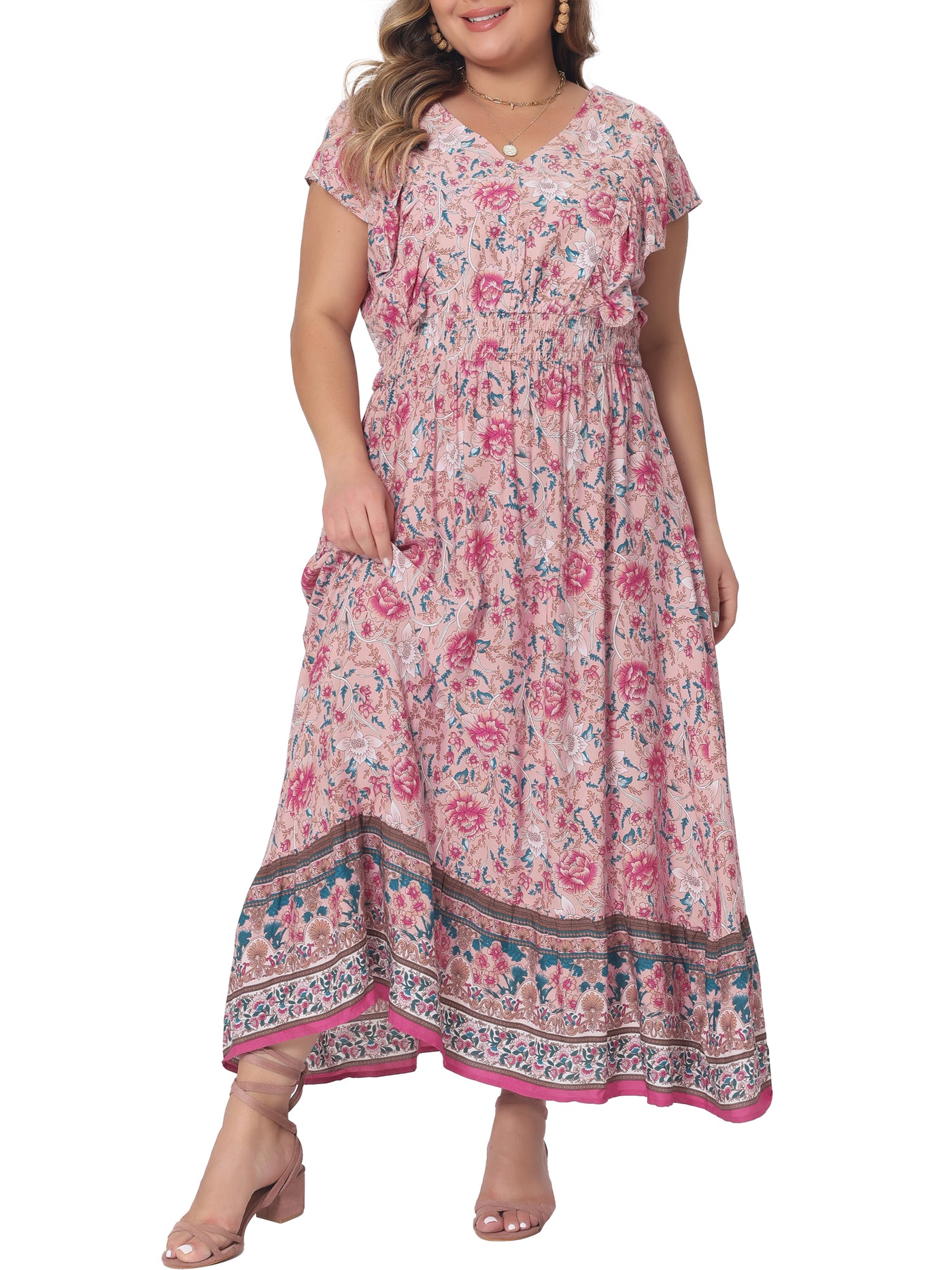 Bublédon Plus Size Dress for Women Bohemian Floral V Neck Ruffle Sleeve Summer Beach Casual Boho Maxi Dresses