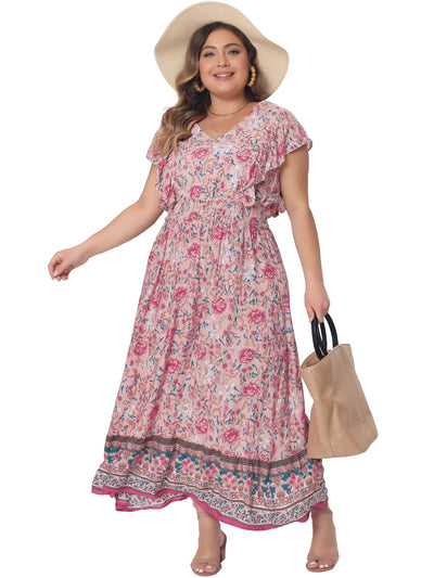 Plus Size Dress for Women Bohemian Floral V Neck Ruffle Sleeve Summer Beach Casual Boho Maxi Dresses