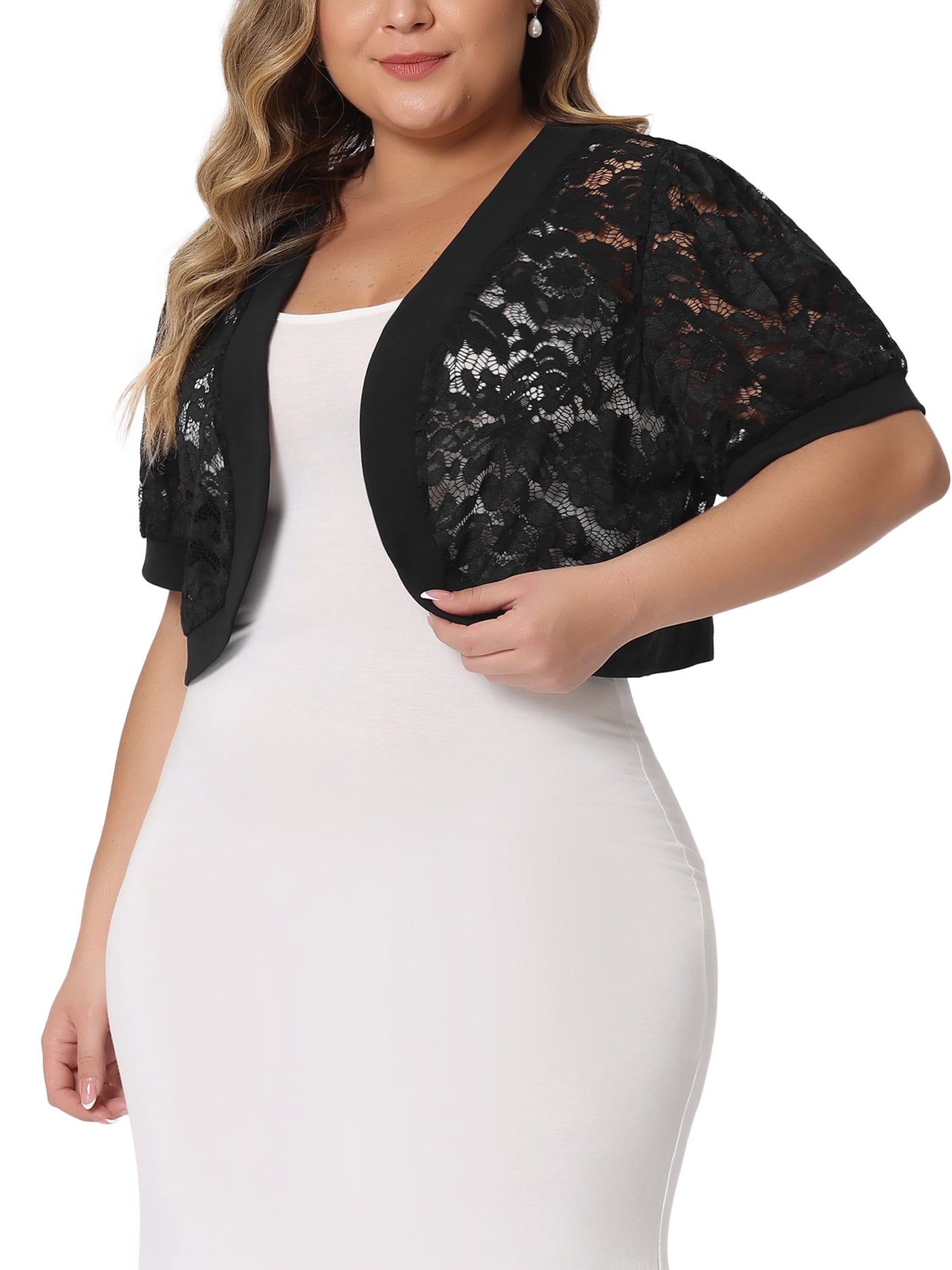 Bublédon Plus Size Cardigan for Women Short Sleeve Sheer Floral Lace Bolero Shrugs Open Front Cropped Cardigans