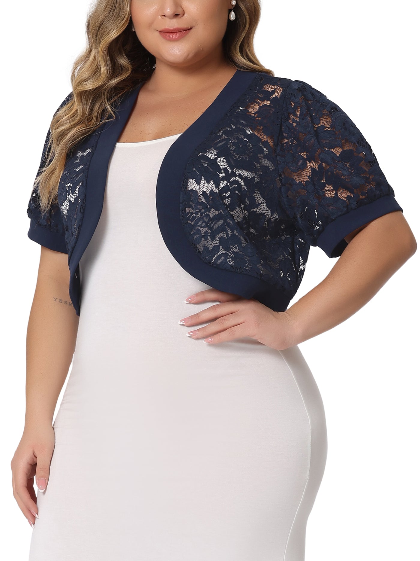 Bublédon Plus Size Cardigan for Women Short Sleeve Sheer Floral Lace Bolero Shrugs Open Front Cropped Cardigans