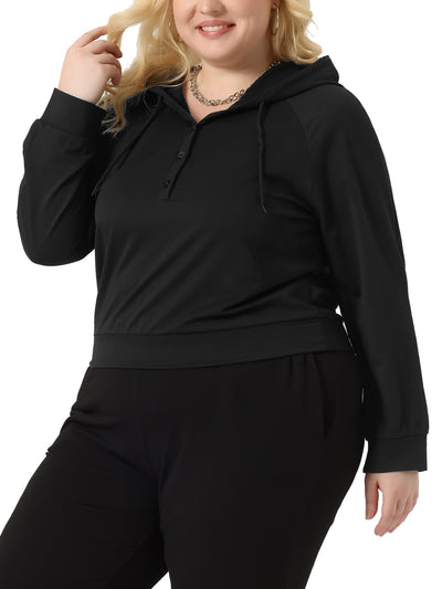 Plus Size Hooded Button Drawstring Pullover Casual Long Sleeve Hoodies