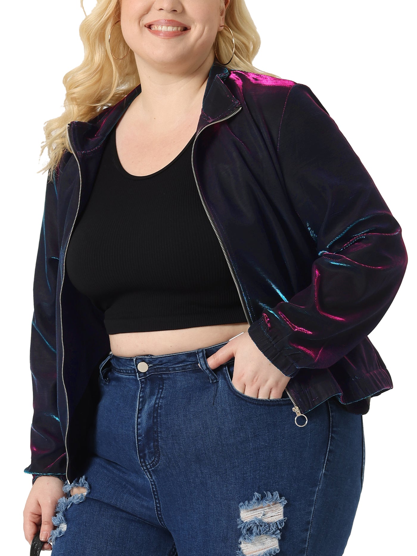 Bublédon Plus Size Mesh Jackets for Women Holographic Long Sleeve Zip Up Clubwear Party Jacket