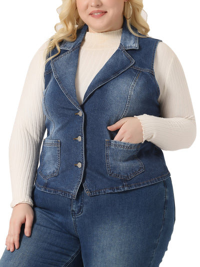 Bublédon Plus Size Denim Vest for Women Sleeveless Lapel Button Down Classics Jean Waistcoat Jackets Vests