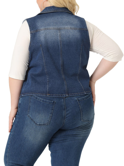 Plus Size Denim Vest for Women Sleeveless Lapel Button Down Classics Jean Waistcoat Jackets Vests