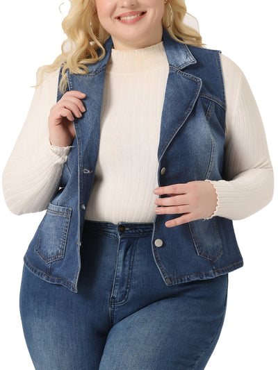 Plus Size Denim Vest for Women Sleeveless Lapel Button Down Classics Jean Waistcoat Jackets Vests