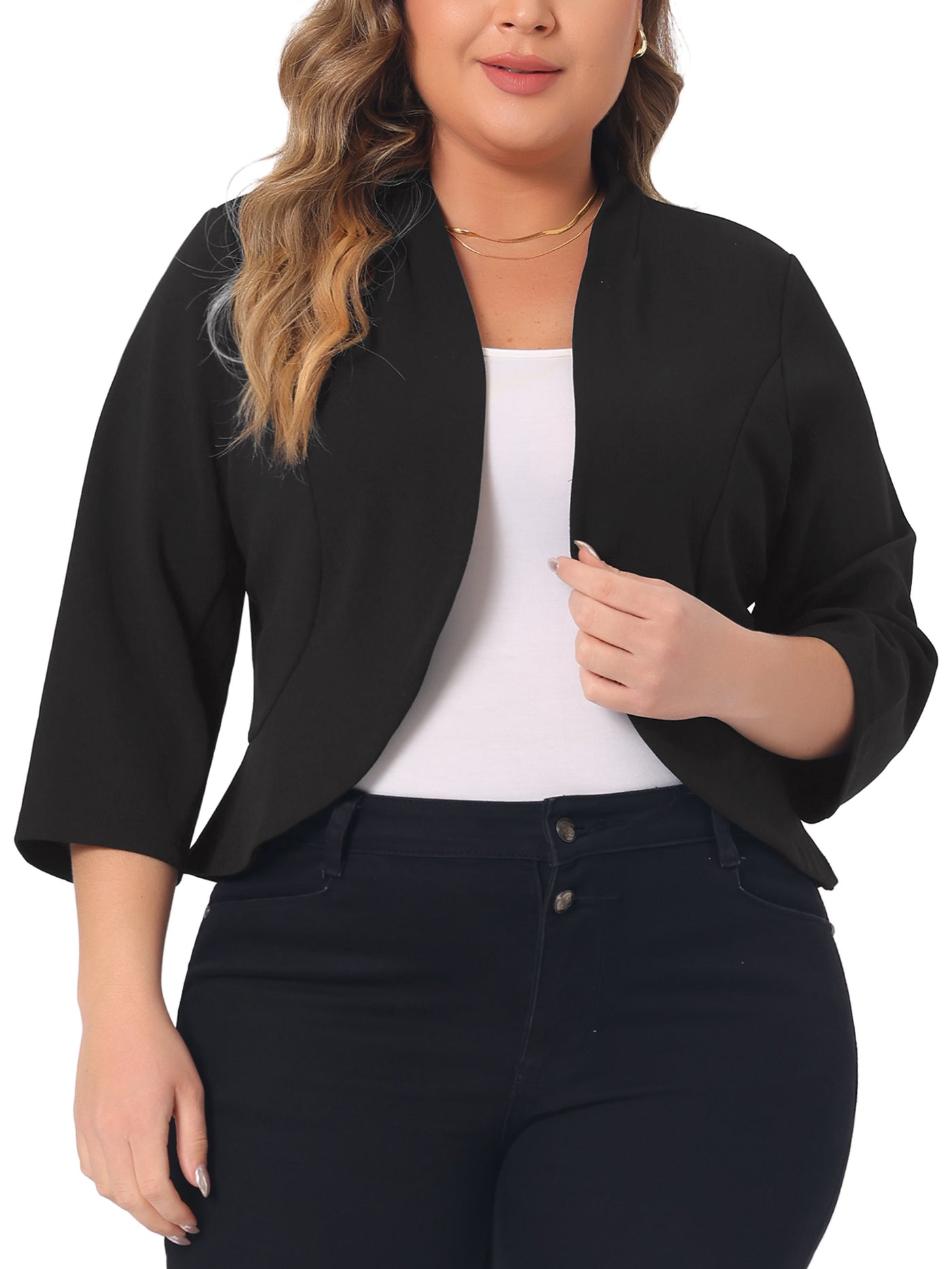 Bublédon Plus Size Blazers for Women Open Front 3/4 Sleeve Ruffled Hem Work Jackets Blazer