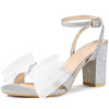 Glitter Mesh Bow Chunky High Heel Sandal