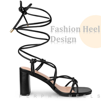 Square Toe Strappy Lace Up Slingback Chunky Heel Sandals