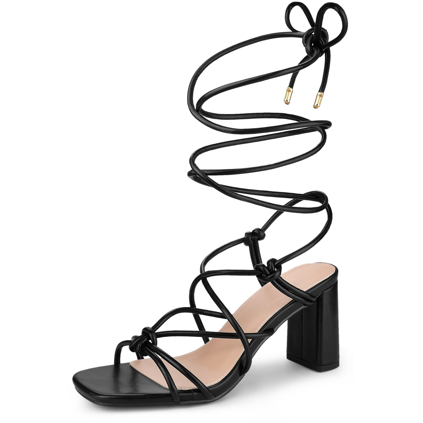 Bublédon Square Toe Strappy Lace Up Slingback Chunky Heel Sandals