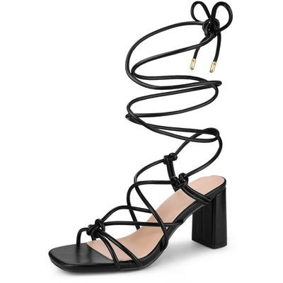 Square Toe Strappy Lace Up Slingback Chunky Heel Sandals