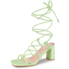 Square Toe Strappy Lace Up Slingback Chunky Heel Sandals
