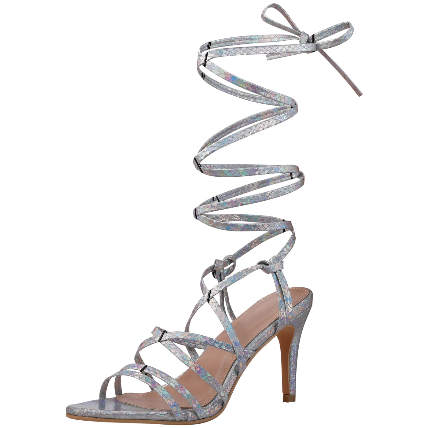 Bublédon Snakeskin Print Strappy Lace Up Stiletto Heel Sandals for Women