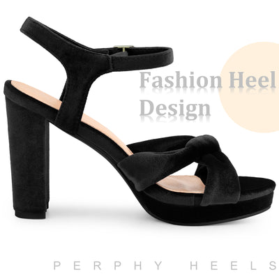 Platform Strappy Velvet Bow Block Heel Sandals for Women