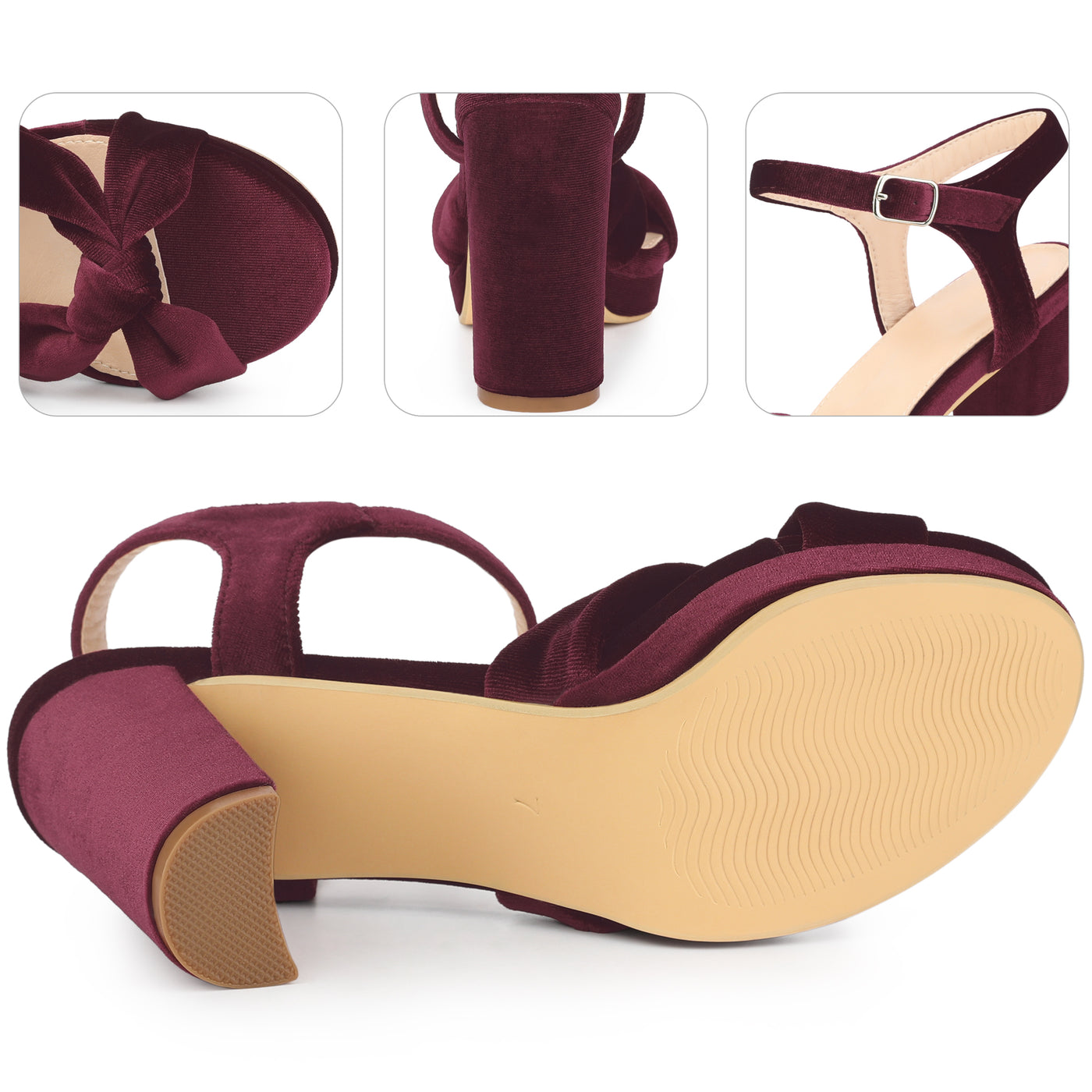 Bublédon Platform Strappy Velvet Bow Block Heel Sandals for Women