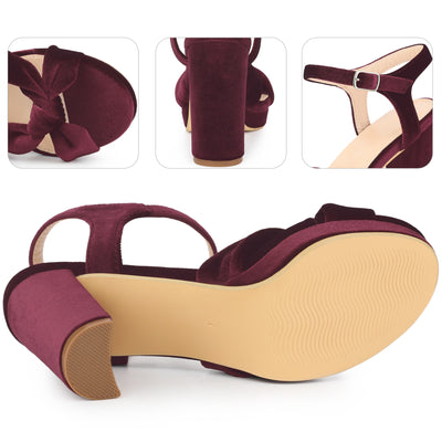 Platform Strappy Velvet Bow Block Heel Sandals for Women