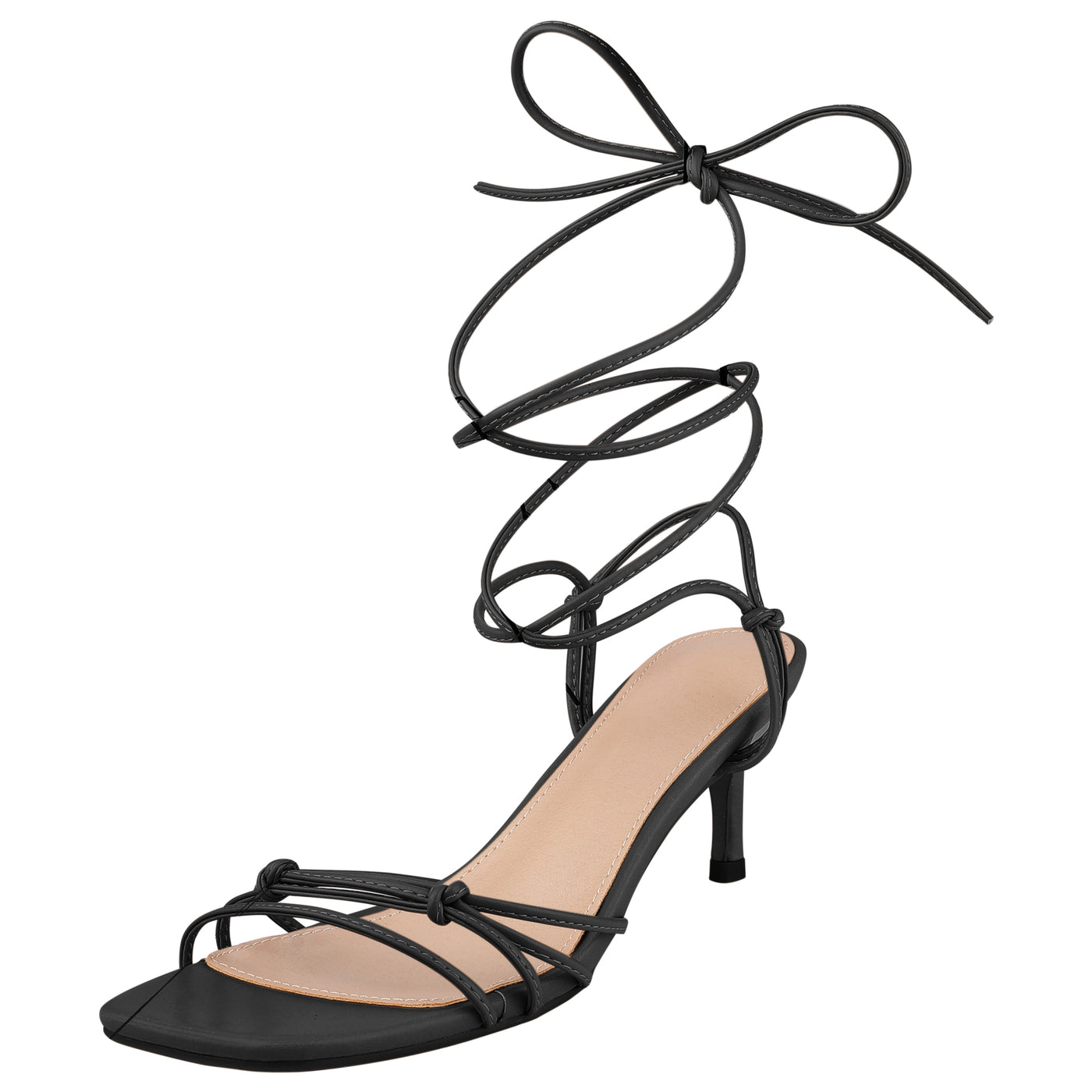 Bublédon Knot Lace Up Strappy Square Toe Kitten Heel Sandals for Women